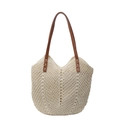 Bolso tote de ganchillo crema con correas de cuero marrón para vacaciones de playa - Blanco Roto