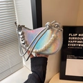 Holographic silver half-moon handbag featuring a pearl handle and heart-shaped charm - Metallic Silver