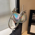 Holographic silver hobo bag with knotted handle and elegant pearl chain detail - Metallic Silver