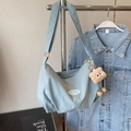 Light blue nylon tote bag with pleated design and plush bear charm for daily commute - With Charm / Blue