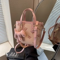 Pink butterfly print mini tote bag with cute dog charm and detachable strap for women - With Puppy Pendant / Pink