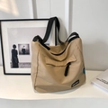 Khaki large capacity nylon tote bag with black wide strap and front zipper pocket - Khaki