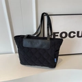 Black large capacity quilted tote bag with rhombus pattern and leather shoulder straps - Black
