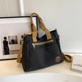 Grand sac cabas en toile noire avec anses marron et bandoulière réglable pour femme - Noir
