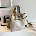 Grand sac cabas en toile beige avec lanières marron et poche zippée à l'avant - Blanc Cassé
