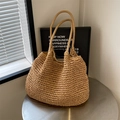 Grand sac fourre-tout en paille tressée marron clair avec deux poignées supérieures - Kaki