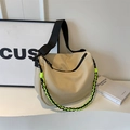 Beige nylon crescent crossbody bag with decorative green woven rope and wide black strap - Off White