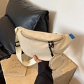 Marsupio a mezzaluna in nylon crema con tracolla larga e astuccio rotondo rimovibile - Bianco Sporco