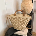 Summer hand-woven straw bucket bag with dark brown bamboo handle and leather strap - Beige