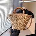 Straw handbag with white diamond weave, bamboo top handle and brown leather shoulder strap - Khaki