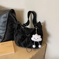Black pleated nylon shoulder bag with a cloud smiley face pendant on a stone base - Black With Pendant