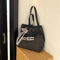 Dark grey denim tote bag with lace bow and Less Mirfne More Perfect embroidery - Black
