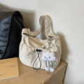 Chic beige pleated half-moon shoulder bag with black drawstring and cloud charm - White With Pendant