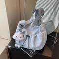 Light blue pleated shoulder bag with large capacity and cute white cloud pendant - Blue with Pendant