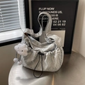 Silver-grey pleated shoulder bag with cloud pendant and adjustable drawstring detail - Silver with Charm