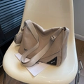Beige canvas large crossbody bag with adjustable strap and small round pouch charm - Khaki