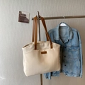 Borsa tote in tela bianco crema con spalline in pelle marrone a contrasto - Bianco Sporco
