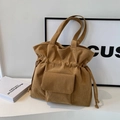 Bolso tote informal de pana caqui con cordón y bolsillo delantero para mujer a la moda - Marrón