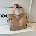 Minimalist large nylon tote bag in khaki with drawstring side and metal snap closure - Khaki