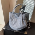 Bolso tote de pana gris de gran capacidad con bolsillo frontal y doble asa larga - Gris