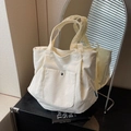 Bolso tote de pana blanco crudo con bolsillo frontal, bolso de hombro de gran capacidad - Blanco Roto