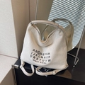 Borsa tote in tela bianco sporco con trama a spina di pesce, stampa alfabetica e tracolla - Bianco