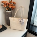 Minimalist cream woven tote bag for women with decorative ink-style bamboo silk scarf - Off White
