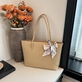 Beige woven large capacity tote bag with decorative floral silk scarf on the handle - Khaki