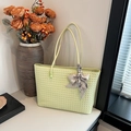 Minimalist light green woven tote bag with floral scarf detail for women's daily commute - Green