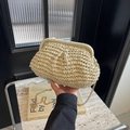 Chic cream straw shell bag with golden chain strap for summer seaside vacation style - Off White