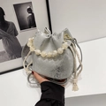 Silver pleated bucket bag with marble beaded handle and metallic crackle texture leather - Silver