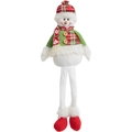 Plüsch-Weihnachtsschneemann mit langen Beinen, grünem Strickpullover und Karo-Hut - Schneemann-Stil