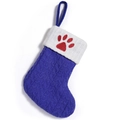 Donkerblauwe en witte gebreide kerstsok met een rode pootafdruk van een huisdier - Blauw