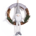 Grey Christmas gnome wreath with a Merry Christmas banner for festive door decoration - Gray