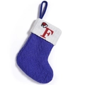 Blue knit Christmas stocking with embroidered red letter F and mini Santa hat detail - Letter F
