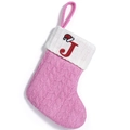 Pink knitted Christmas stocking with white cuff and red embroidered letter J detail - Letter J