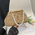 Sac nuage en paille tissée beige avec poignée en perles et bandoulière dorée - Avec Accessoire de Poignée / Kaki