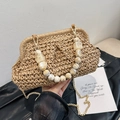 Sac à main en paille avec perles en résine marbrée et bandoulière chaîne dorée - Avec Accessoire de Poignée / Kaki