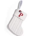 White knitted Christmas stocking with cable knit texture and red embroidered letter P - Letter P
