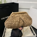 Khaki woven straw dumpling bag with gold chain strap for summer beach vacation look - Artificial Pearl Decor Style / Khaki
