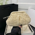 Beige woven dumpling clutch with gold chain strap and metal frame for summer beach use - Artificial Pearl Decor Style / Chain Only Without Handle / Off White