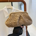 Natural straw woven cloud clutch bag with gold chain strap for summer seaside vacation - Marble-Look Resin Bead Decor Style / Chain Only Without Handle / Khaki