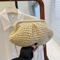 Chic cream woven straw cloud bag with a delicate gold chain strap for summer vacations - Marble-Look Resin Bead Decor Style / Chain Only Without Handle / Off White