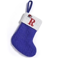 Blue cable knit Christmas stocking with white fold-over cuff and red letter R embroidery - Letter R