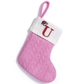 Pink knitted Christmas stocking with white cuff and red embroidered letter U design - Letter U