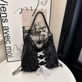 Black marble print tote bag with white corset lace-up detail and silver chain strap - Black