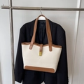 Large cream canvas tote bag with brown leather trim and gold buckle for daily commuting - White and Brown