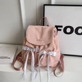 Chic pink suede-texture backpack with white ribbon bows and drawstring closure style - Pink