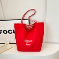 Large capacity red canvas tote bag with white minimalist text for casual daily use - Solid Red Style (Printed Decor & Striped Strap Lining)