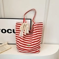Large canvas tote bag with red and white stripes and a delicate white lace bow - Red and White Striped Style (With Lace Bow)